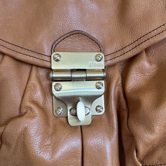 Y2K Steven Leather Flap Turnlock Hobo Shoulder Bag Tan Chunky Gold Tone Hardware - Picture 5 of 8